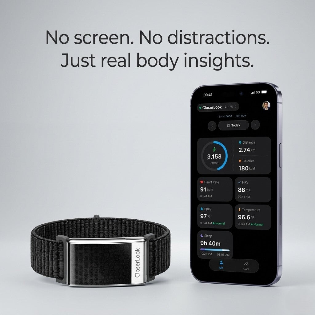 CloserLook band next to a phone showing steps, heart rate, SpO2, temperature and sleep in the CloserLook app