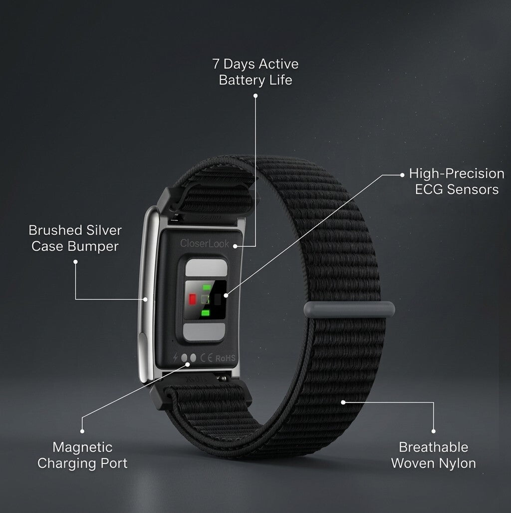 CloserLook band diagram showing the 7-day battery, magnetic charging port, brushed silver case and breathable woven nylon strap