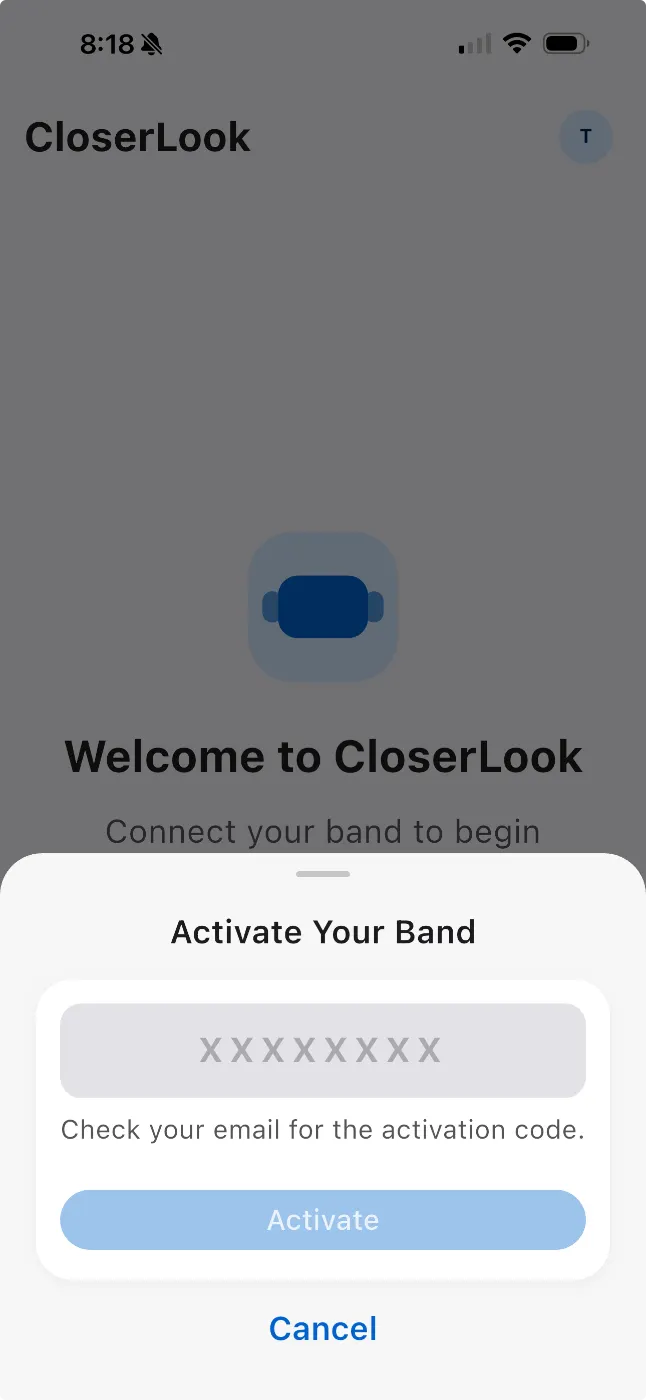 Activate Your Band screen asking for the activation code