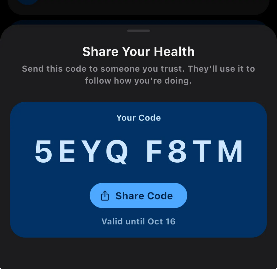 Share Your Health sheet showing an invite code