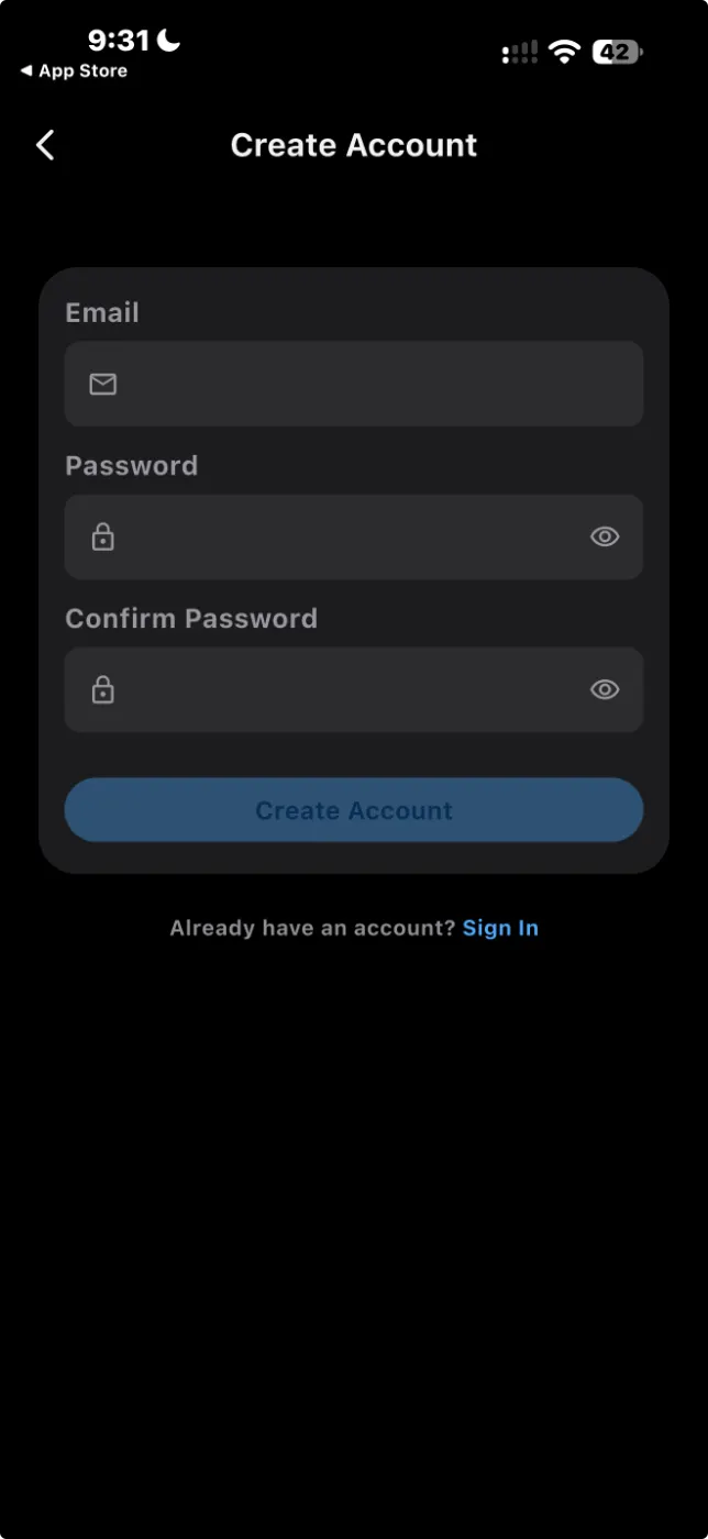 Create Account screen in the CloserLook app
