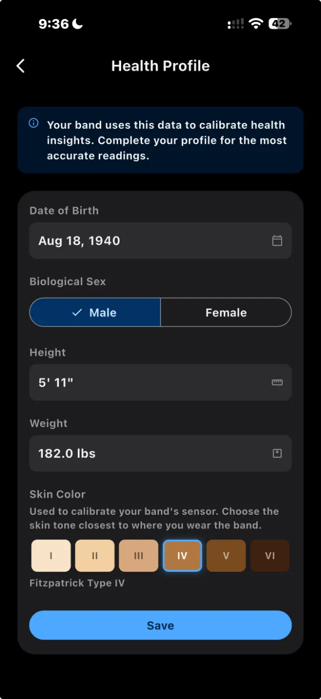 Health Profile screen with date of birth, sex, height, weight and skin tone
