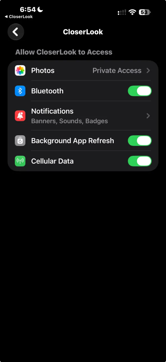 iPhone Settings with Bluetooth, Notifications, Background App Refresh and Cellular Data enabled for CloserLook