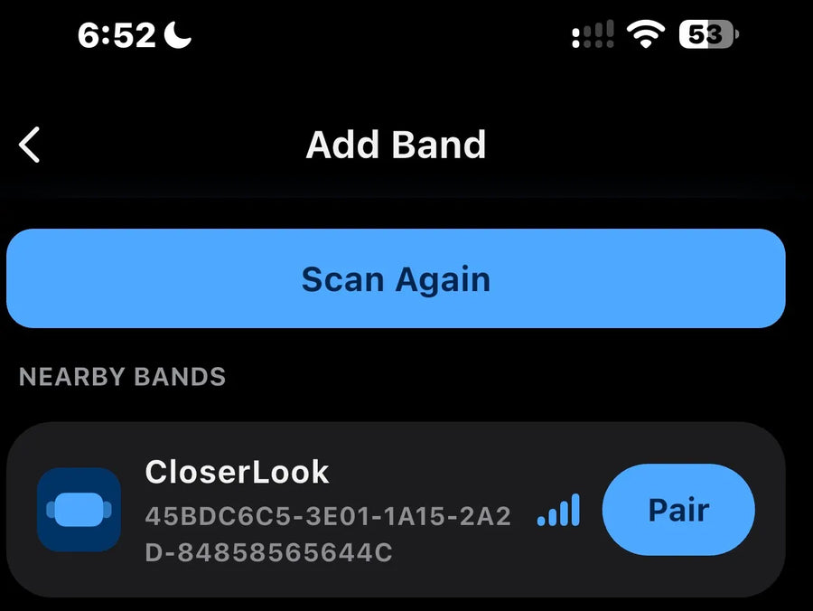Add Band screen showing a nearby CloserLook band with a Pair button
