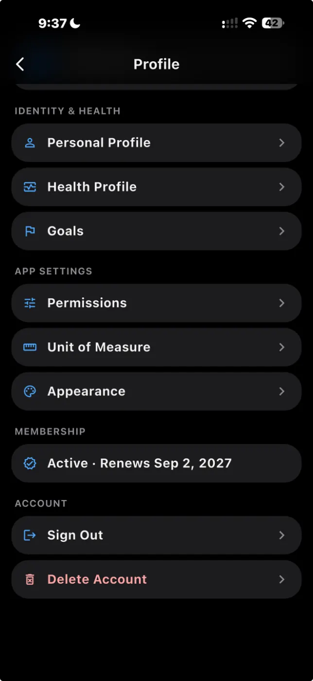 Profile screen with Personal Profile and Health Profile options